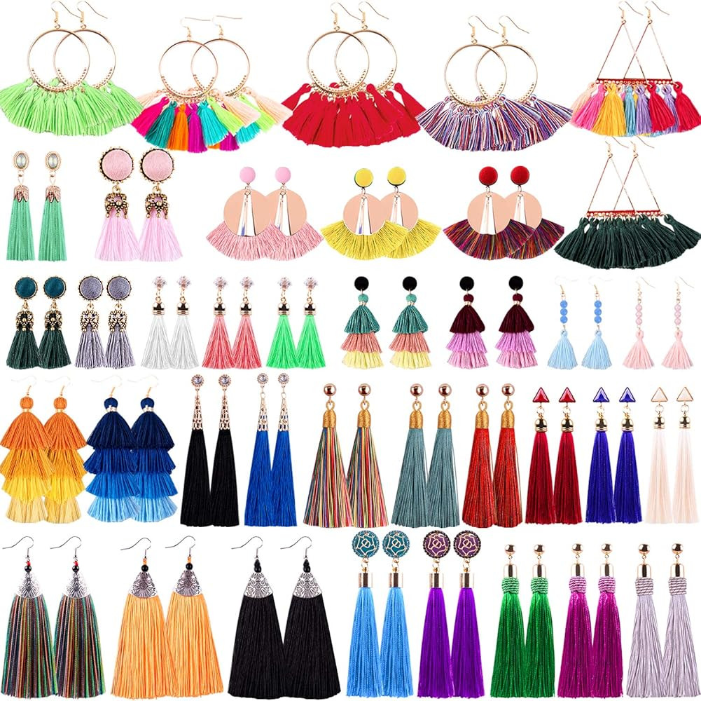 38 Pairs Tassel Earrings Colorful Long Layered Tassel Earrings Dangling Thread Ball Earring Hoop ... | Amazon (US)
