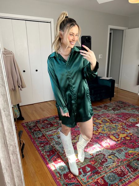 Spring outfit idea / also this dress would be perfect for a st Patrick’s day outfit! Both this oversized shirt dress and white boots are amazon fashion finds #springoutfit #springdress #stpatricksdayoutfit 

#LTKunder50 #LTKshoecrush #LTKstyletip