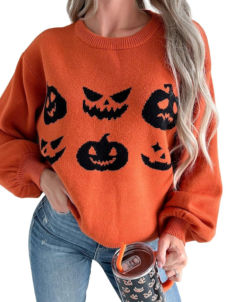 ZAFUL Women's Halloween Knit Sweater Crew Neck Pumpkin Print Pullover Long Sleeve Casual Loose Ju... | Amazon (US)