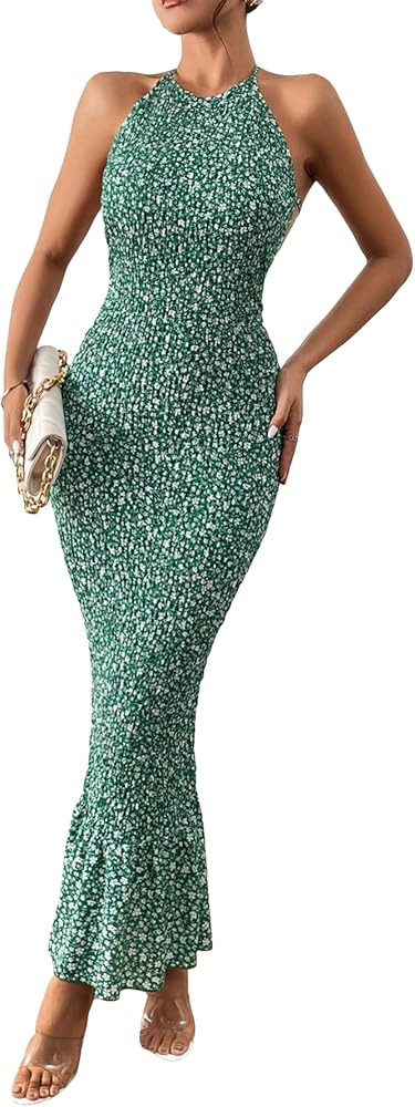 MakeMeChic Women's Ditsy Floral Sleeveless Halter Dress Tie Backless Bodycon Maxi Long Dress | Amazon (US)