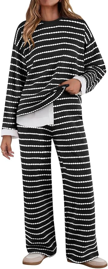 MEROKEETY Women's Two Piece Sweater Sets Trendy Striped Long Sleeve Top Wide Leg Pants Matching O... | Amazon (US)