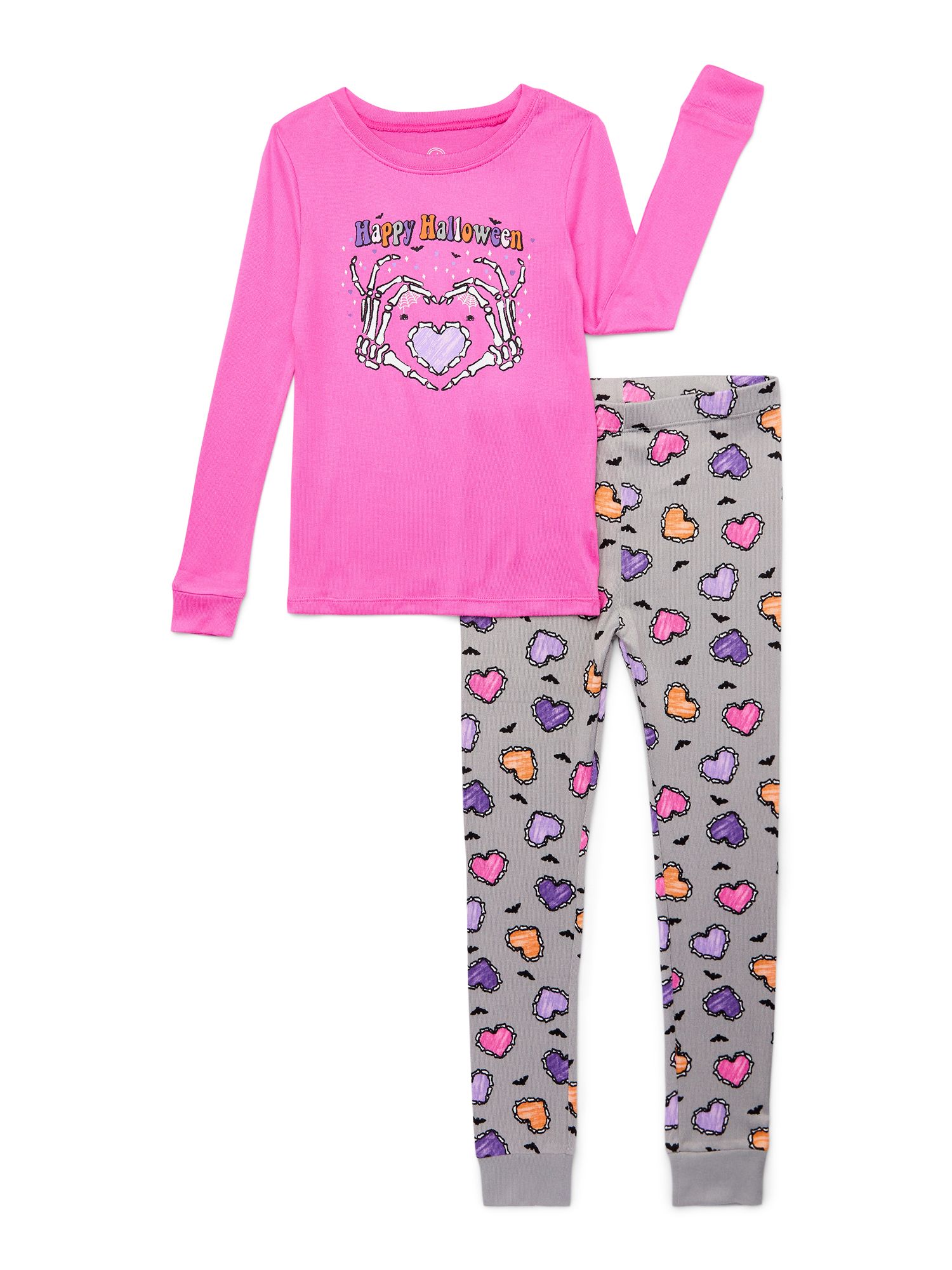 Wonder Nation Girls Halloween Tight Fit Long Sleeve Top and Pant 2 Piece Pajama Set, Sizes 4-10 | Walmart (US)