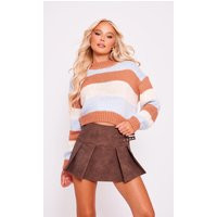 Brown Chunky Striped Knit Cropped Sweater | PrettyLittleThing US