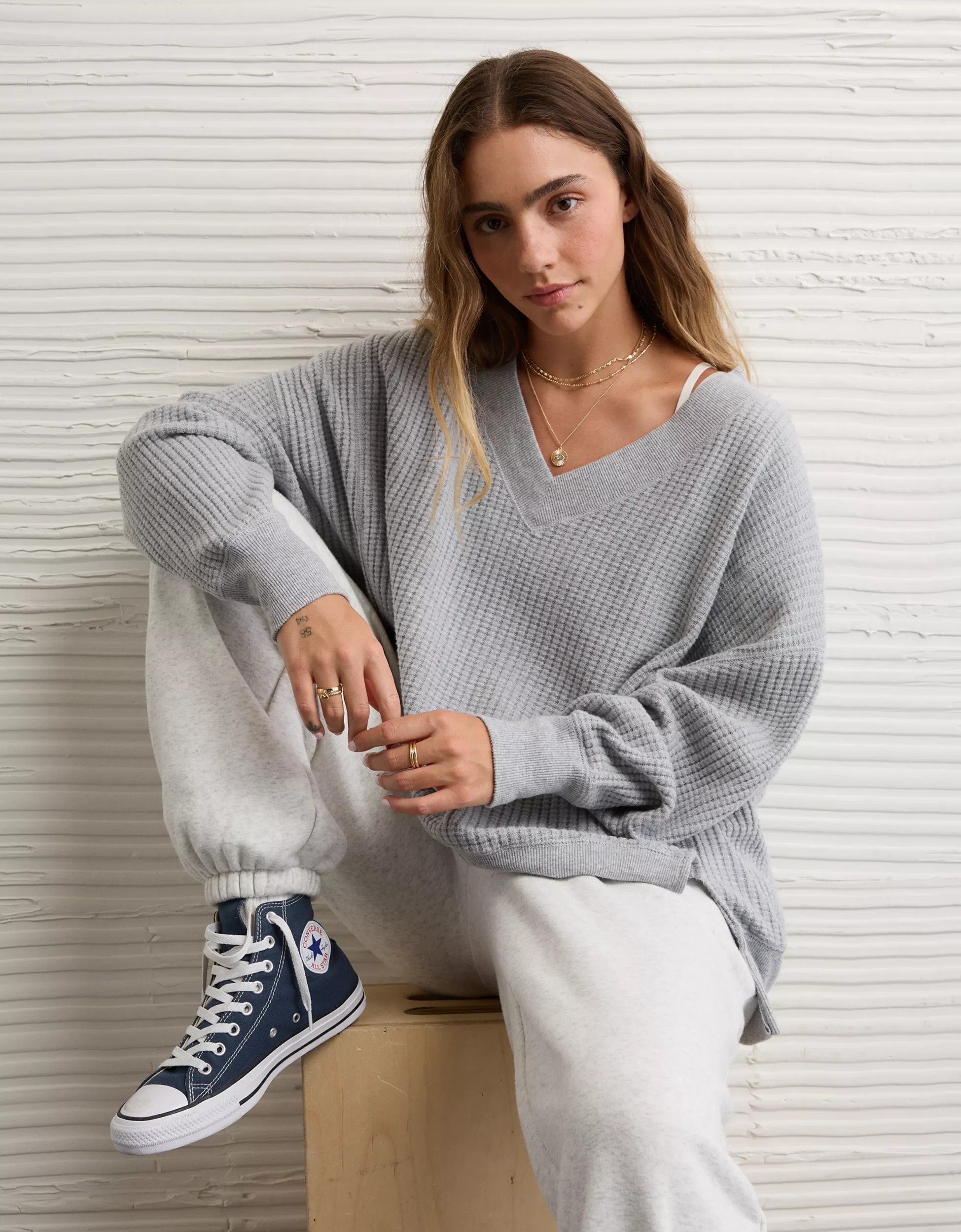 AE Big Hug V-Neck Waffle Sweatshirt | American Eagle Outfitters (US & CA)