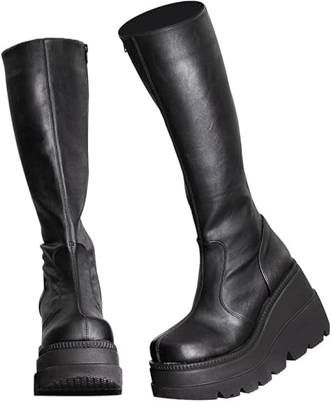CELNEPHO Womens High Platform Mid Calf Wedges Chunky High Heel Round-Toe Side Zip Punk Combat Boo... | Amazon (US)