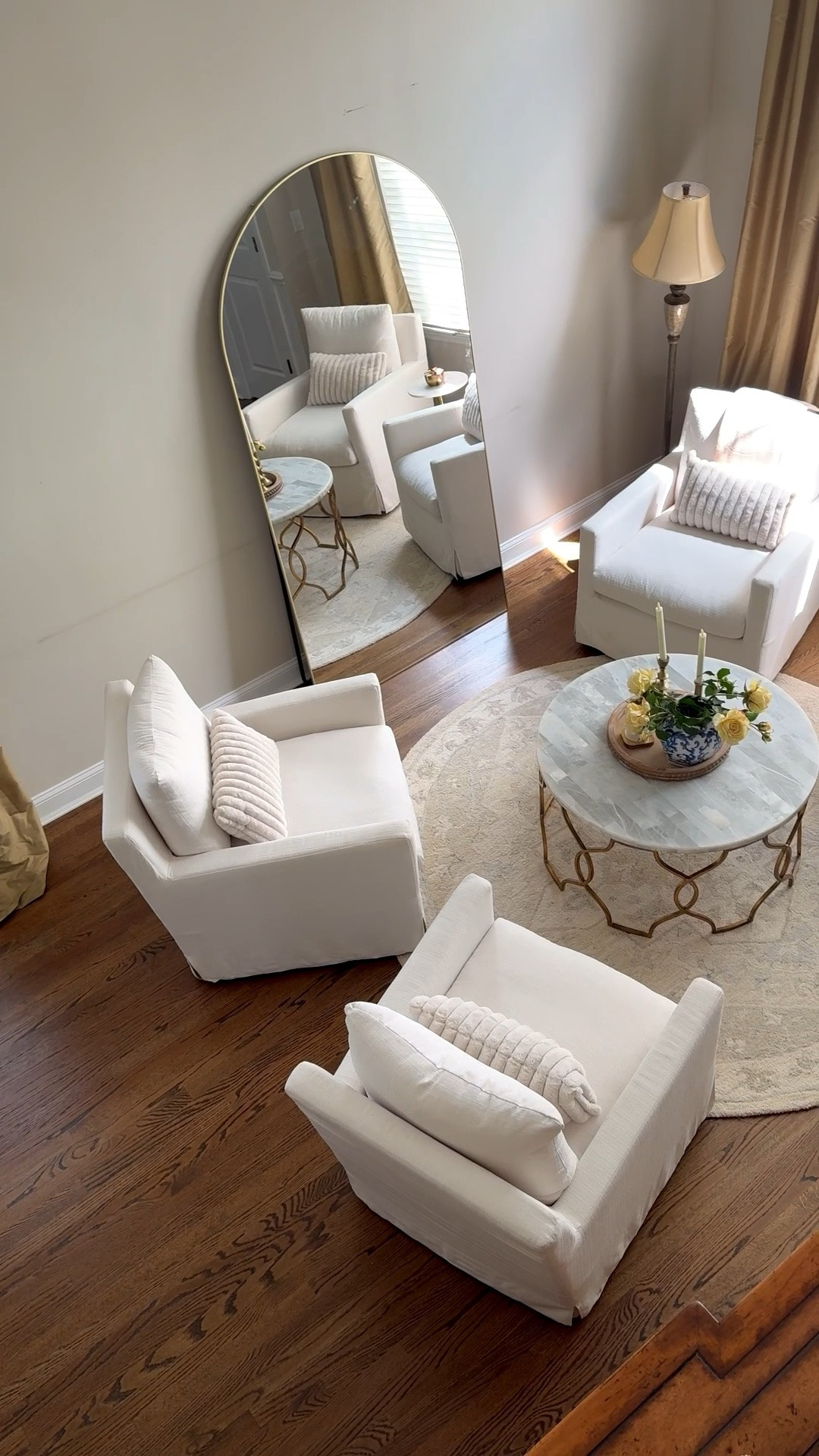 Creating a cozy seating area with comfy swivel chairs for conversations with coffee or cocktails! The round rug is one I love so much I have it four different sizes - and I always say yes to a pretty round coffee table and flameless taper candles with a timer! 

I have the 7’ round, but could’ve also used the 8’

Floor mirror
Round area rug
Hooker marble table

#LTKselfcare #LTKHome #LTKU