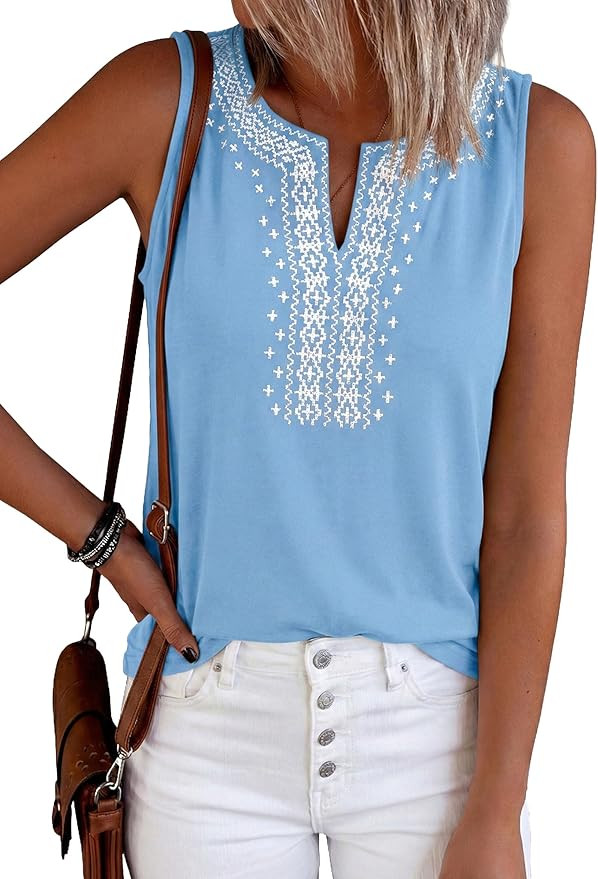 PRETTYGARDEN Womens Tank Tops 2026 Summer Causal V Neck Sleeveless Shirts Floral Print Embroidere... | Amazon (US)