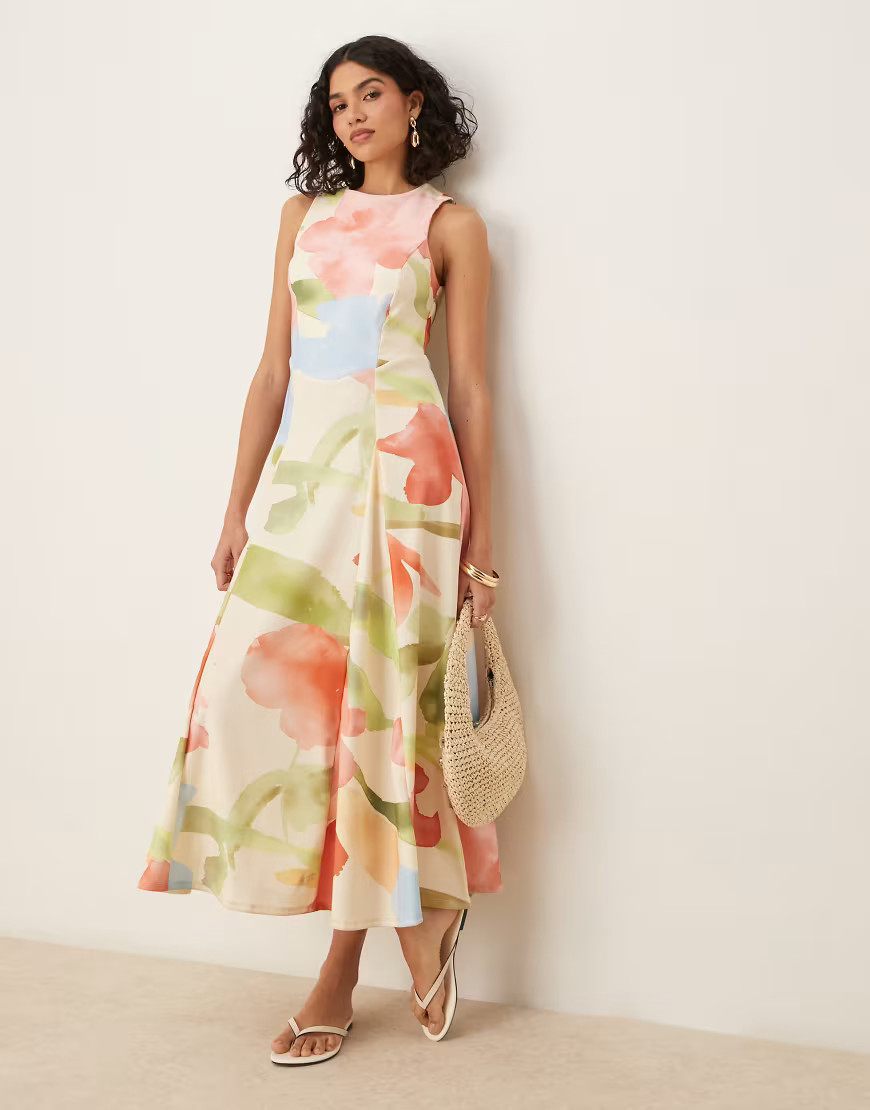 ASOS DESIGN sleeveless corset waist midi dress in green floral print-Multi | ASOS (Global)