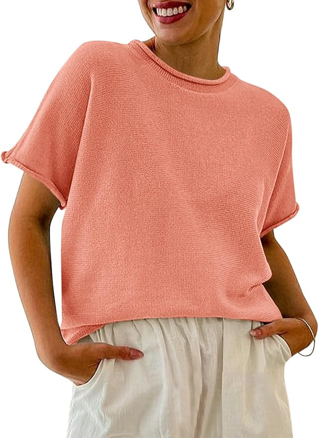 Saodimallsu Women's Short Sleeve Lightweight Casual Crewneck Loose Fit Knit T-Shirt | Amazon (US)