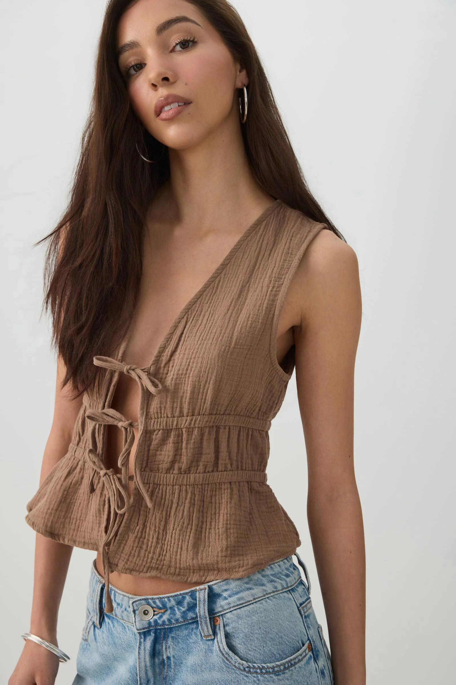 Gauze Tie-Front Top - Brown / M | Ardene Canada