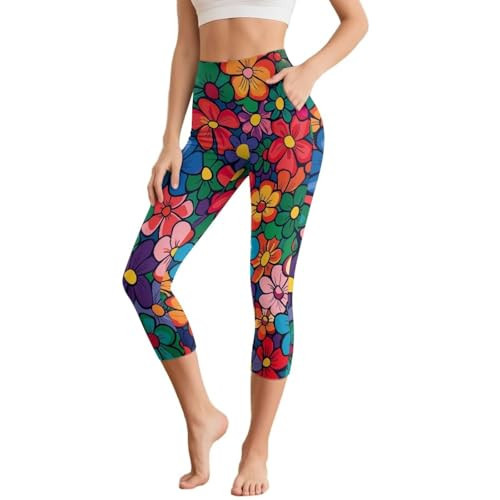 Darisoco Tropical Flower High Waist Athletic Yoga Pants for Women Tummy Control Workout Leggings Lightweight Capri Leggings with Pockets Fit Running/Joggers/Fitness | Amazon (US)