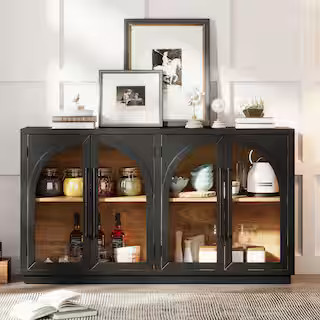 Harper & Bright Designs Black 4-Door Large Storage Wood 60 in. Retro Sideboard with Metal Handles... | The Home Depot