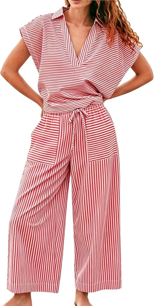 Wanzetaly Women's Summer Striped 2 Piece Outfits Short Sleeve Wide Leg Pants Matching Set with Po... | Amazon (US)