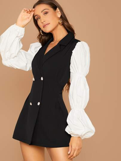 SHEIN Contrast Lantern Sleeve Double Breasted Blazer Dress | SHEIN