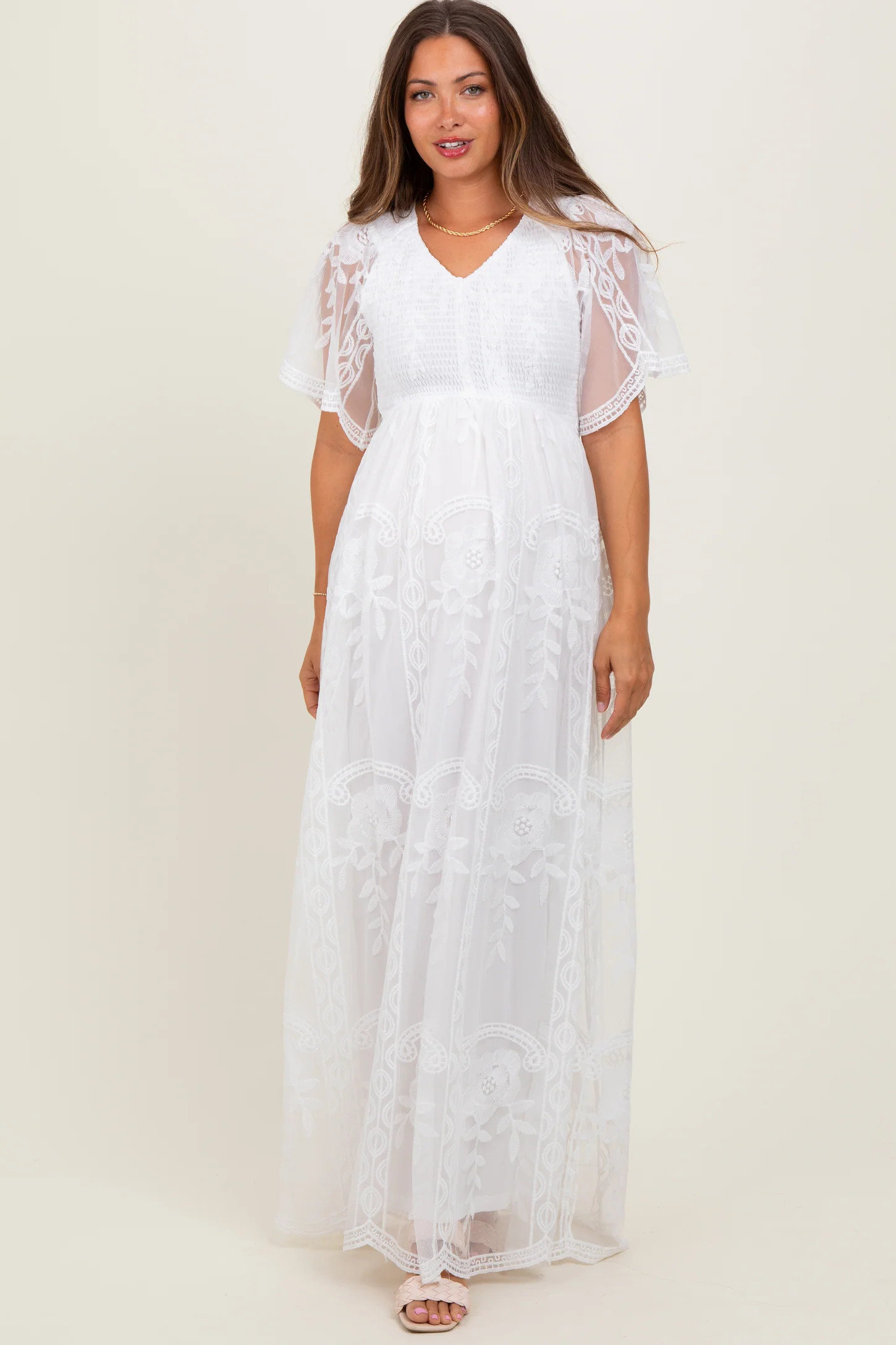 White Smocked Top Lace Maternity Maxi Dress | PinkBlush Maternity