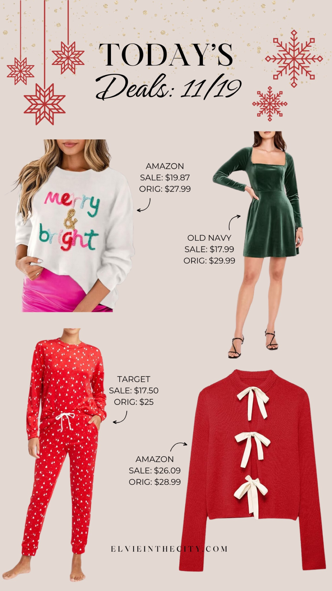 Today’s deals include a “Merry & Bright” sweater from Amazon (clip the coupon for the discount), a velvet mini dress from Old Navy, fleece pajamas from Target, and a bow sweater from Amazon (click the coupon for the discount).

Deal of the day, Christmas outfit, holiday outfit, holiday sweater, fashion over 40, affordable fashion, midlife fashion, fashion over 50

#LTKOver40 #LTKFindsUnder50 #LTKSaleAlert