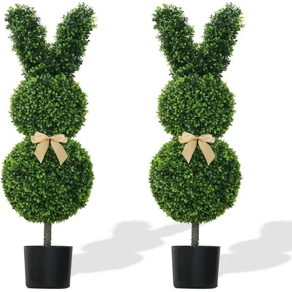 Rabbit Shaped Topiary Trees â 29IN High Artificial Boxwood â Swaying Ears and Brown Bow... | Walmart (US)