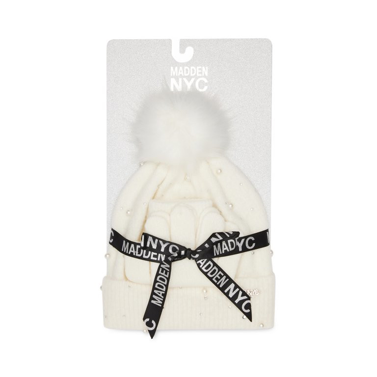 Madden Nyc Women's Faux Pearl Beanie And Gloves, 2-Piece Gift Set Ivory | Walmart (US)