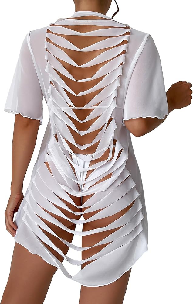 SOLY HUX Women's Mesh Bathing Suit Cover Ups Ripped See Through Swimsuit Short Beach Dress Sexy B... | Amazon (US)