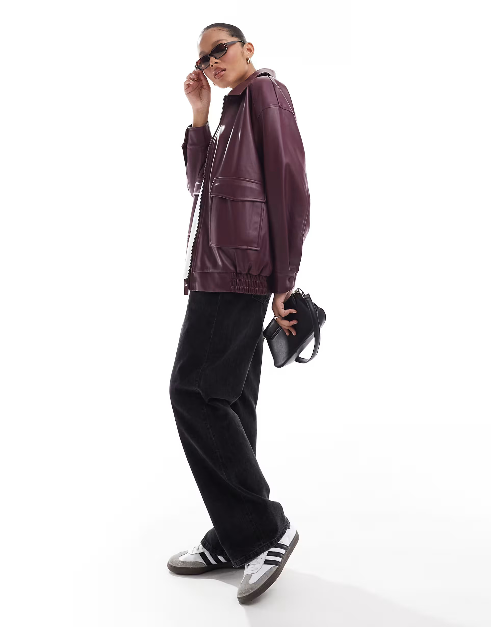 Stradivarius STR faux leather bomber jacket in oxblood | ASOS (Global)