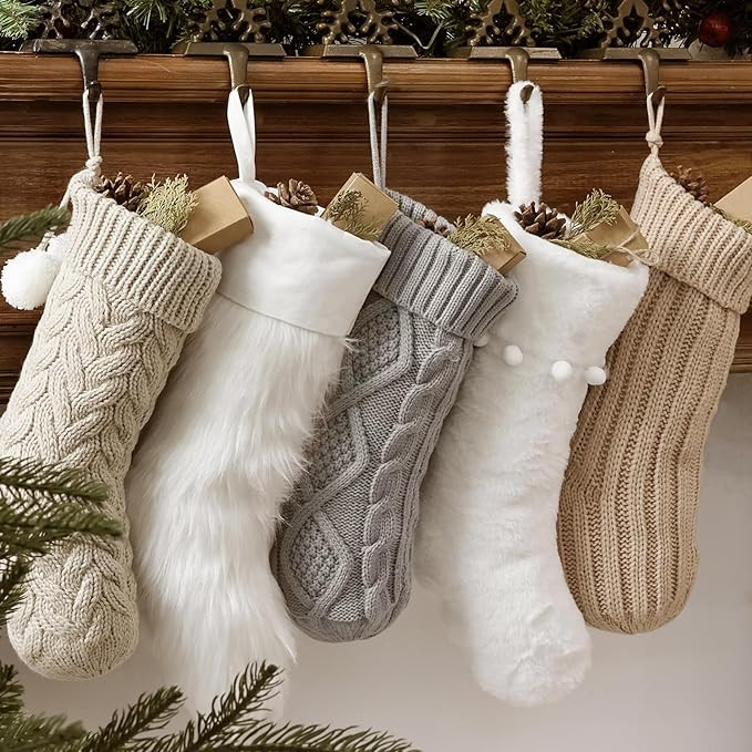 Christmas Stockings: 5 Pack Farmhouse Plush Faux Fur & Cable Knitted Fireplace Xmas Stockings, Ha... | Amazon (US)