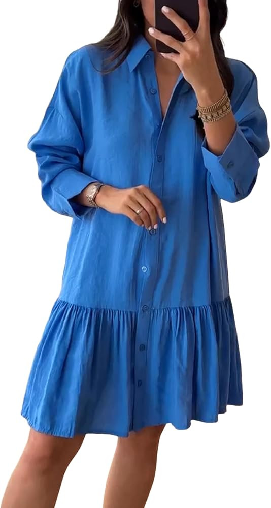 Womens Mini Shirt Dress Summer Casual Long Sleeve Button Down Collared Neck Loose Fit Vacation Be... | Amazon (US)