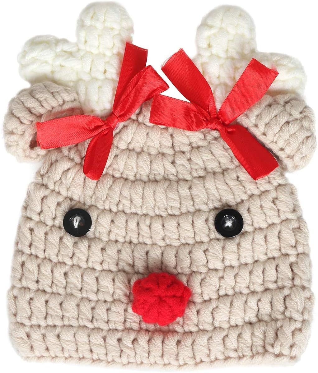 Ypser Infant Baby Knitted Beanie Photo Prop Crochet Knit Cap Christmas Cap Deer Hat with Bow | Amazon (US)