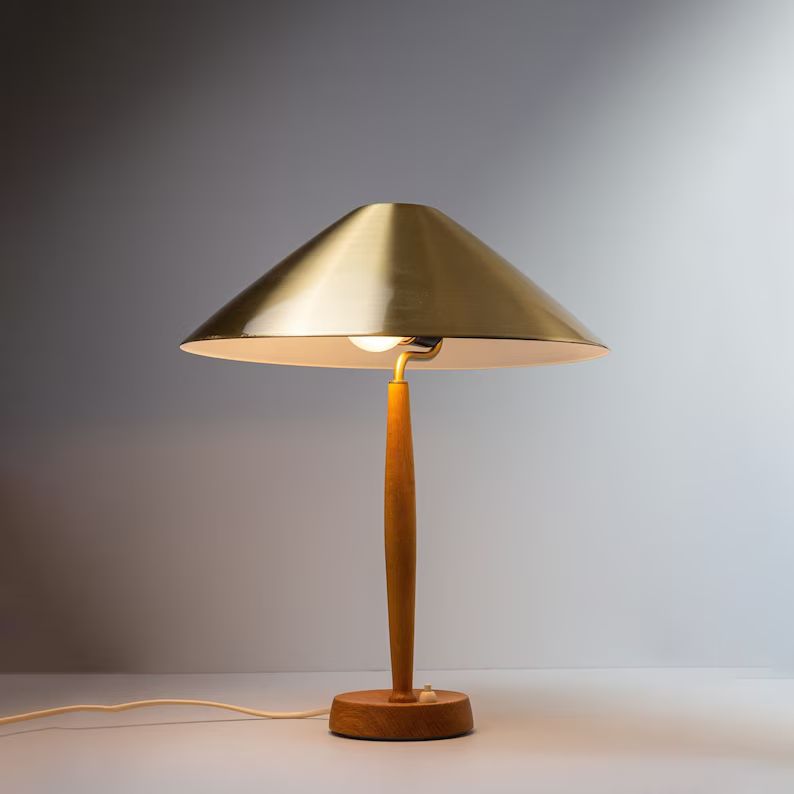 Falkenbergs Belysning Sweden 1950s table lamp in brass and oak | Etsy (US)
