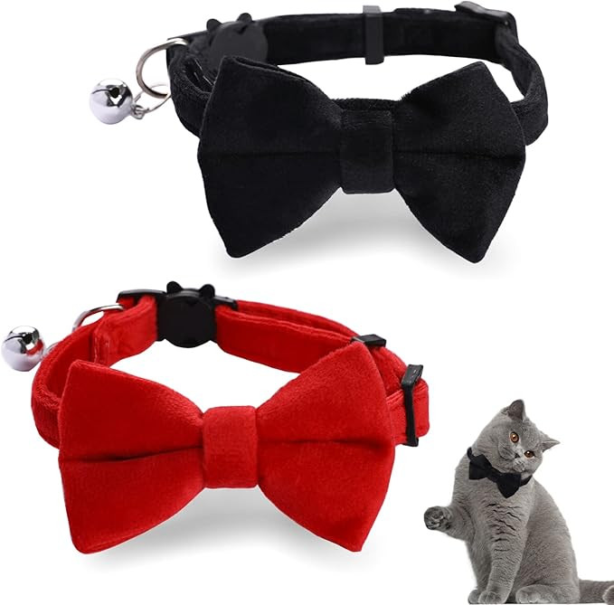 2 Pcs Velvet Cat Collar with Bell and Bowtie, Adjustable Breakaway Cat Collars Kitten Small Puppy... | Amazon (US)