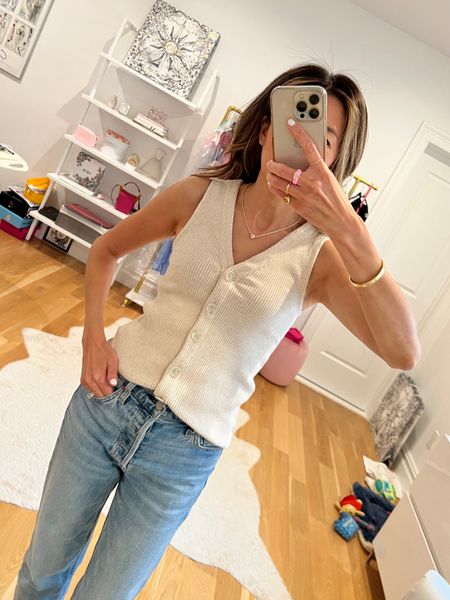 Vest trend: Love the look of a vest and this one is so flattering! Wearing it casually with jeans, but looking forward to dressing it up with trousers this fall! Also wearing my fave jewelry from BonBon Whims 💕💕

#LTKSale #LTKfindsunder100 #LTKover40