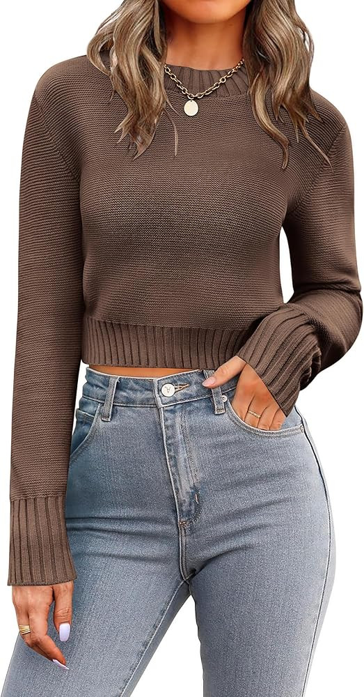 Zeagoo Women's 2024 Fall Crewneck Cropped Sweater Trendy Long Sleeve Ribbed Knit Pullover Jumper ... | Amazon (US)