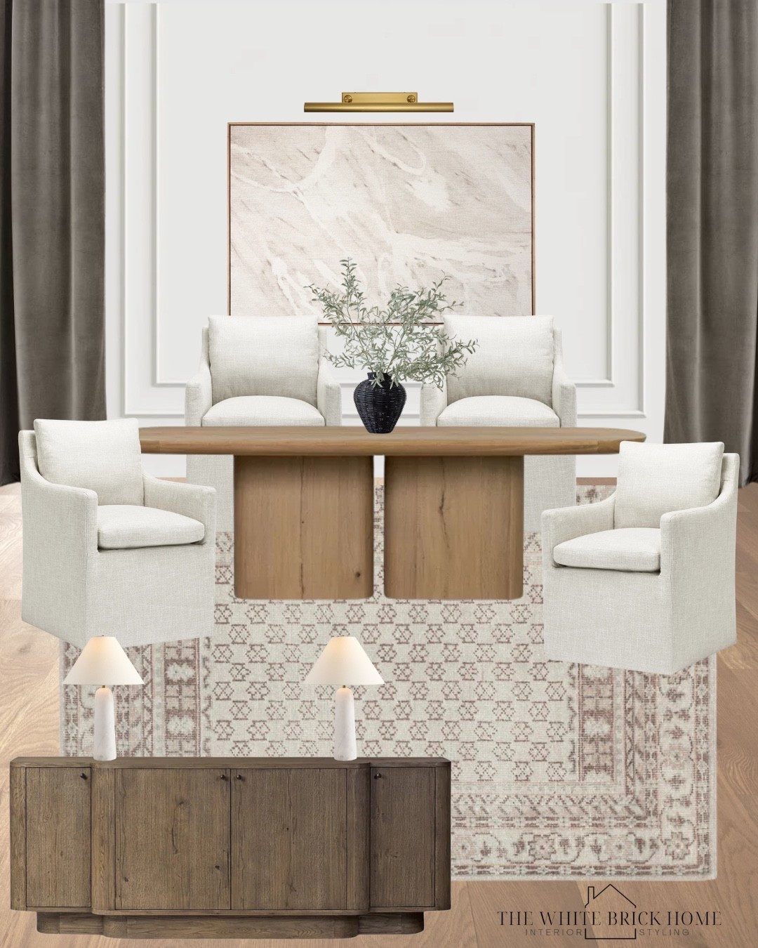 A warm and inviting dining room design that is full of texture. I love this rug paired with various shades of browns, like this beautiful buffet table and abstract wall art. 

Blog post, dining room, dining room decor, dining room design, dining room ideas, dining table, dining chairs, dining room rug, area rug, buffet table, dining chair, table lamp, lamp, curtains, wall art, picture light, dining room decor, dining room design 



#LTKHome #LTKStyleTip