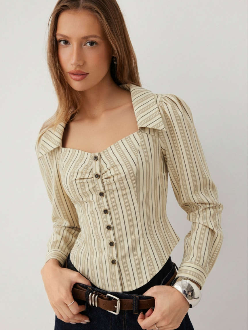 Woven Cotton-blend Sweetheart Puff Sleeve Striped Buckle Blouse For Daily Casual Date | Cider
