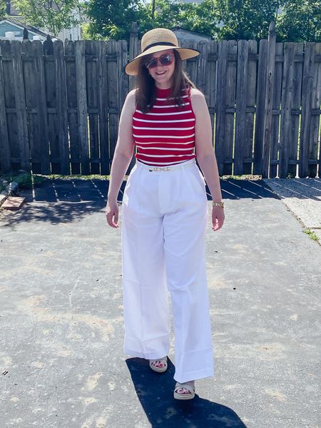 White linen pants - tts / go up if in between sizes 
White striped tank 
Wedge sandals 
Red frame sunglasses 


#LTKSeasonal #LTKstyletip #LTKsalealert