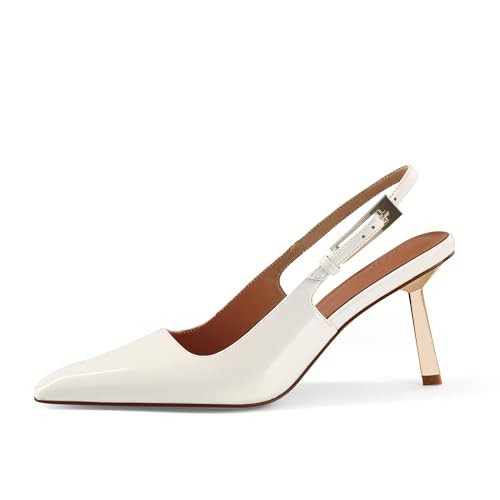 iiimmu White Wedding Shoes for Bride Closed Toe 3.5 in Pumps Slingback Heels for Women Evening Dress Shoes, Size 9 | Amazon (US)