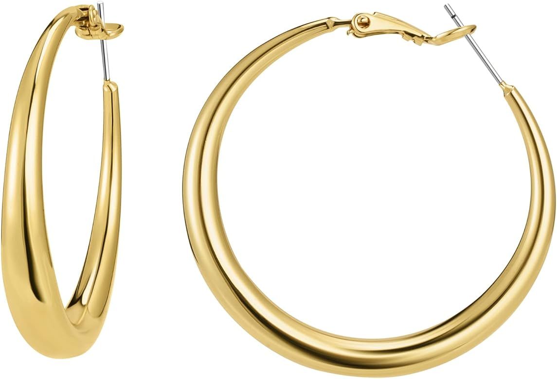 Gold Hoop Earrings for Women 18K Real Gold Plated Thick Round Chunky Hoops Earrings Hypoallergenic B | Amazon (US)
