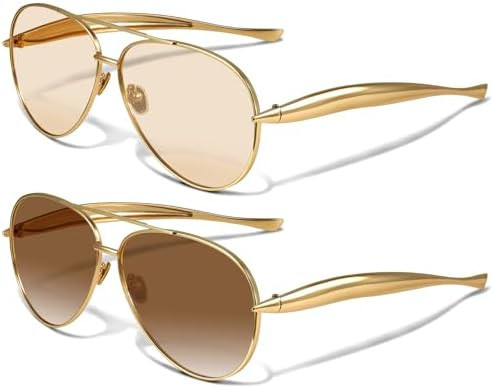 YDAOWKN Retro Gold Aviator Sunglasses for Women Men, Metal Oversized 70s Aviators Sun Glasses | Amazon (US)