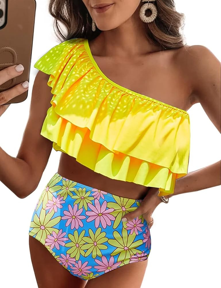 VIMPUNEC Ruffle One Shoulder Swimsuits for Women Cute High Waisted Two Piece Bathing Suits | Amazon (US)