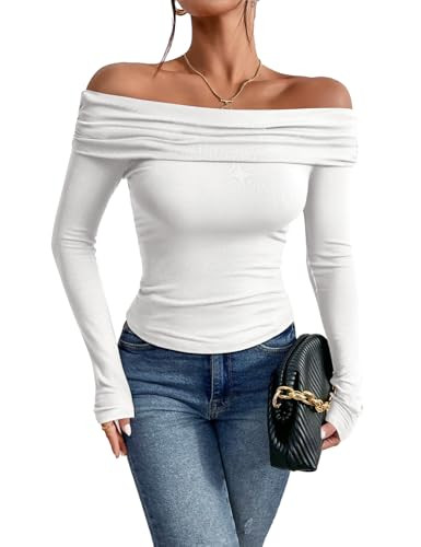 Prettywear Women's Sexy Off Shoulder Tops Dressy Long Sleeves Going Out Nightout Shirt 2025 Fall Clothes(White,L) | Amazon (US)