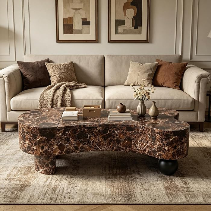 47.2" Faux Travertine Coffee Table with Hidden Storage, Brown Marble | Amazon (US)