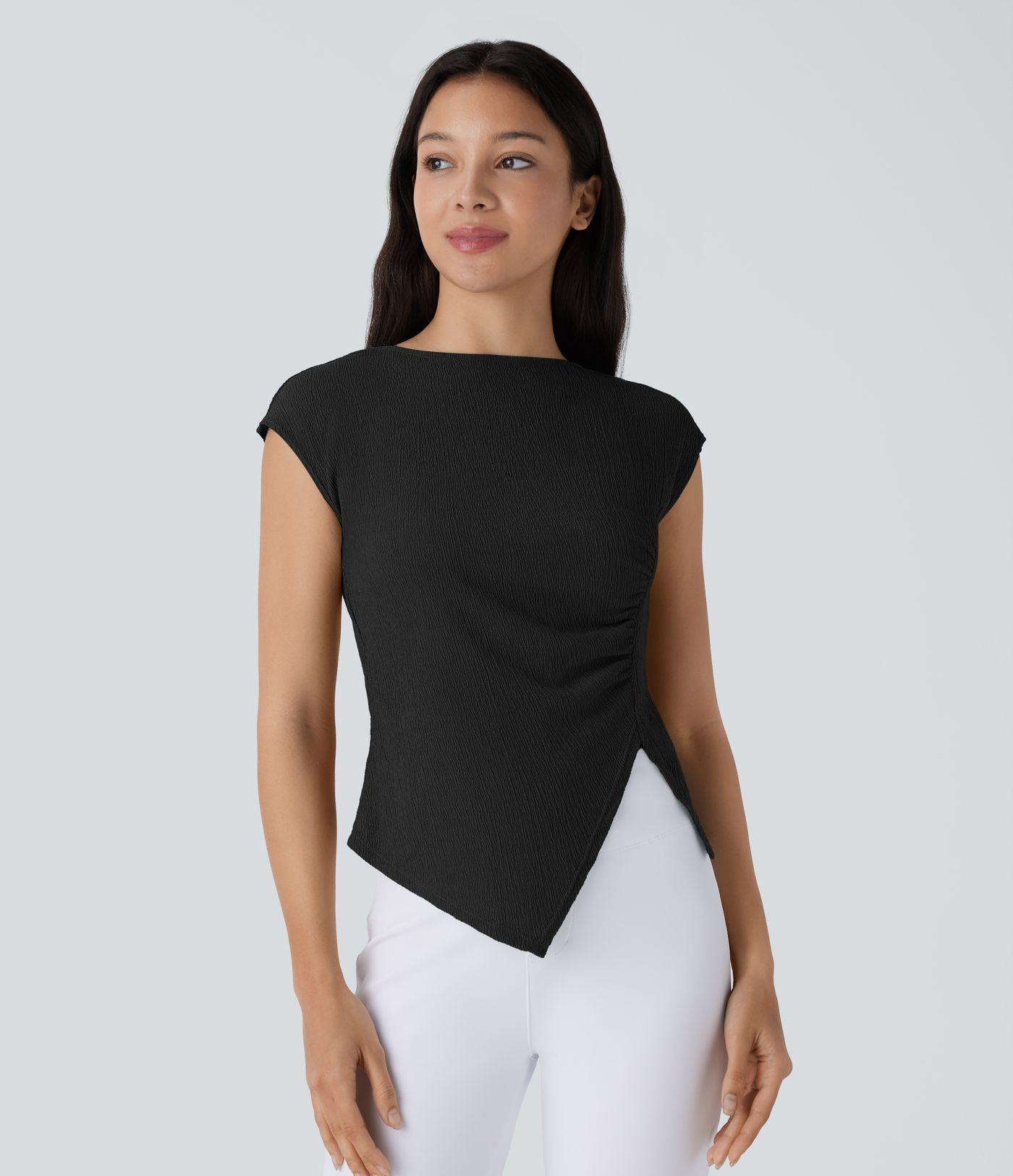 Women’s Slash Neck Short Sleeve Ruched Split Asymmetric Hem Casual Top - Halara | Halara UK