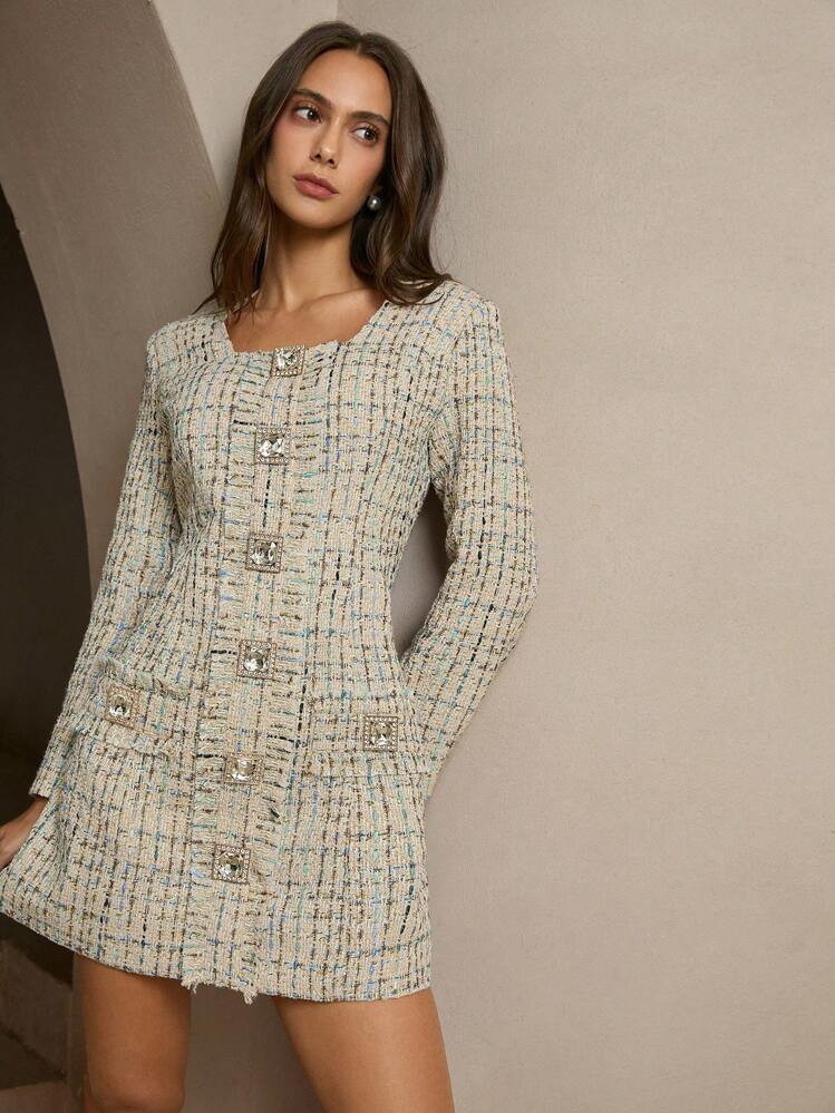 Anewsta Women's Tweed Padded Shoulder Long Sleeve Rhinestone Button  | SHEIN