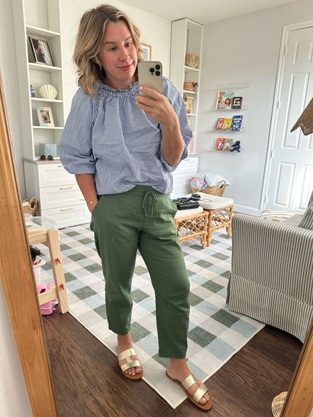 Can’t find this top on j crew factory’s website, but I Love these linen pants too. I have them in a 10. Straight leg and stretching out slightly after a few wears  

#LTKfindsunder100 #LTKfindsunder50 #LTKsalealert