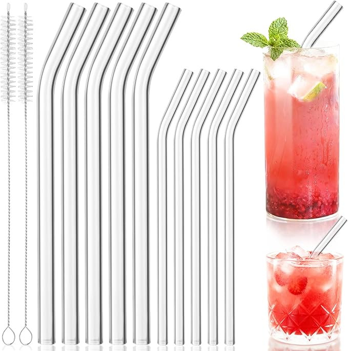 Yomarket 10 Pack Reusable Bent Glass Straws 8" x 8 mm and 9"x12 mm Glass Drinking Straws with 2 C... | Amazon (US)