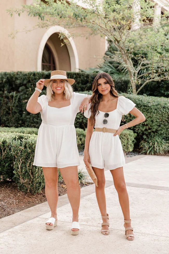 While You're Here White Puff Sleeve Romper | Pink Lily