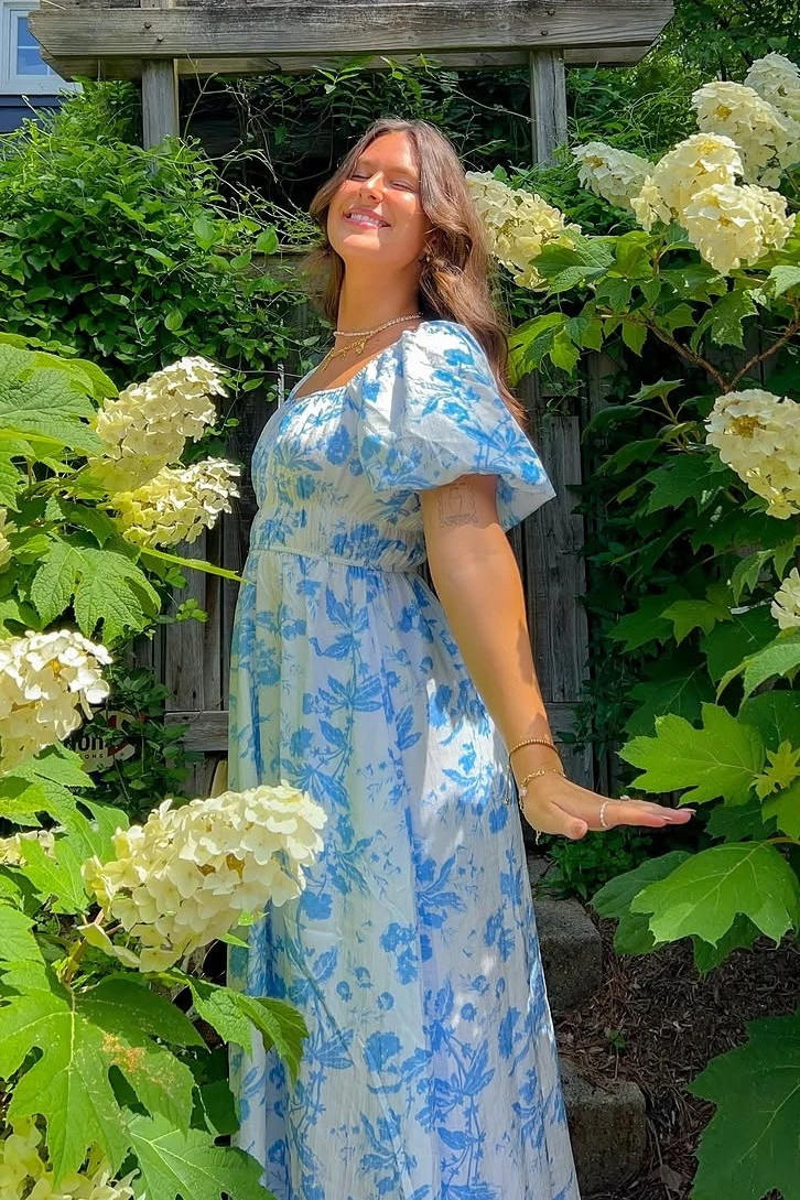 Blue Floral Puff Sleeve Midi Dress | PinkBlush Maternity