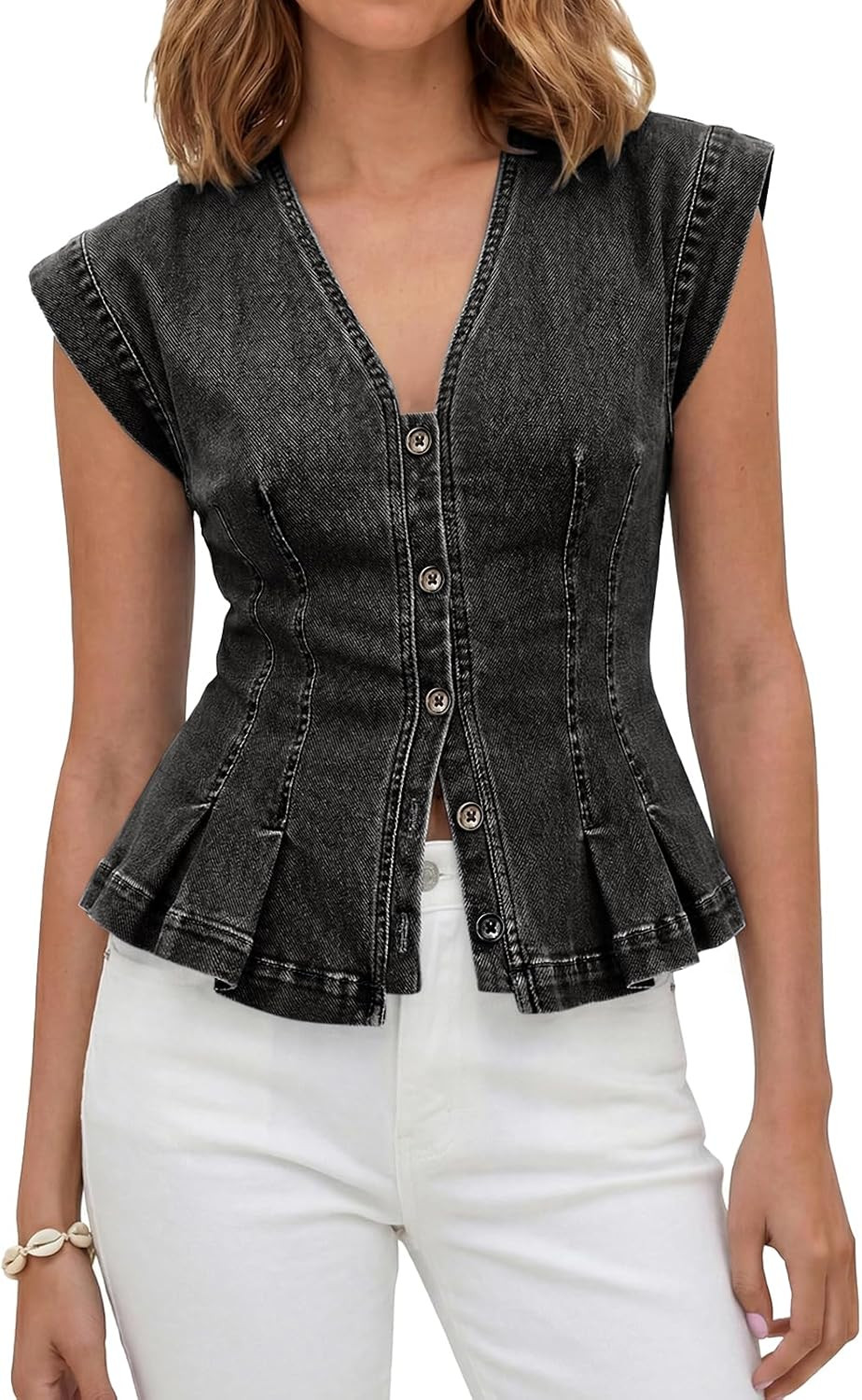 Tankaneo Womens Denim Vests Tops Summer Casual Y2k Fitted Pleated Jean Tops | Amazon (US)