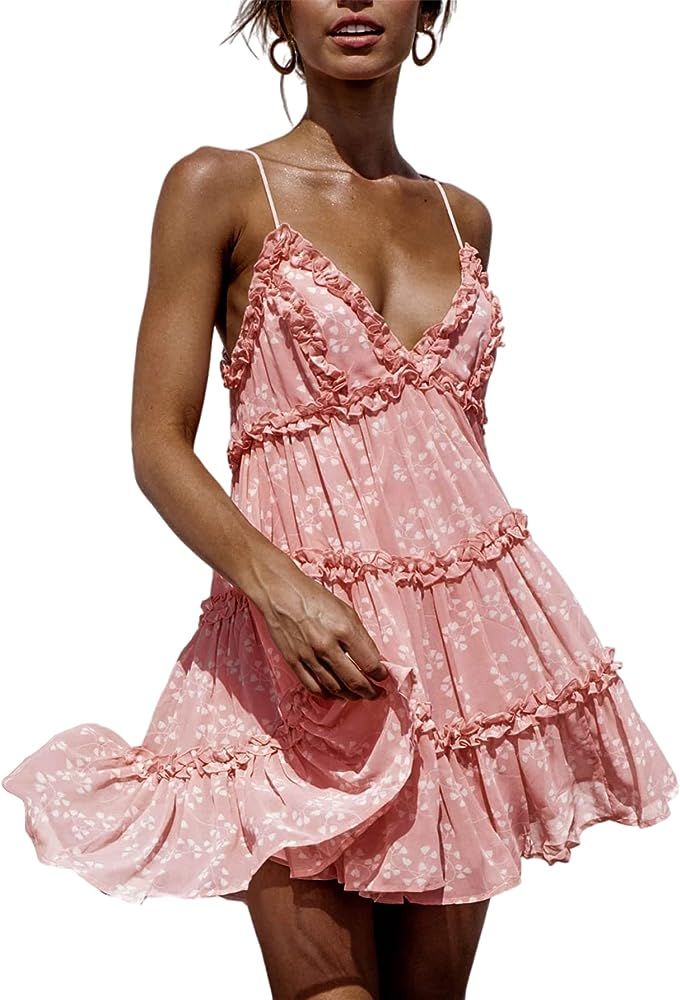 GRACEVINES Women’s Summer V Neck Floral Print Mini Dress Ruffle Layer Backless Skater Swing Dress | Amazon (US)