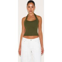 Olive Rib Knit Halterneck Top, Green | PrettyLittleThing UK