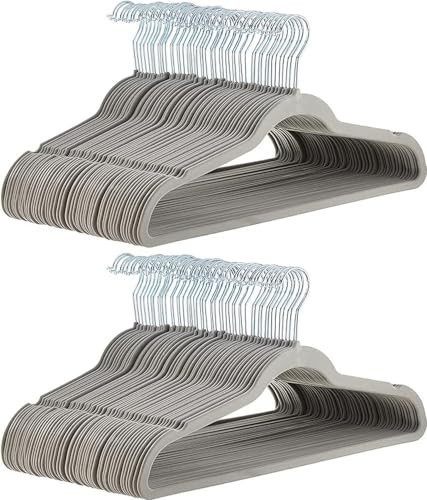 Amazon Basics Slim, Velvet, Non-Slip, Durable Suit Clothes Hangers for Closet, Coats, Pants, Shirts, Gray/Silver, Pack of 100 | Amazon (US)
